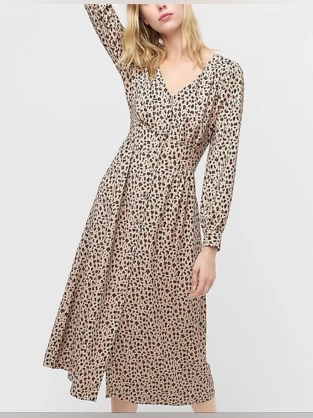 J. Crew Button-Front A-Line Midi Leopard Print Long Sleeve Dress Size 10
